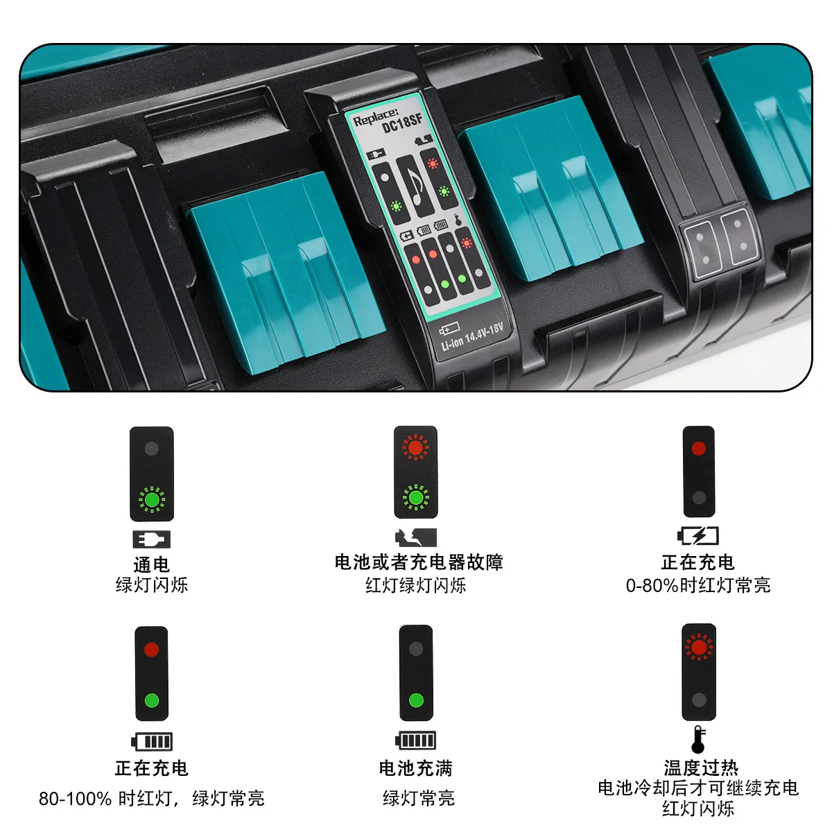 DC18SF 4-Port Charger For Makita Battery 14.4V 18V 3A Li-Ion BL1830, BL1830B, BL1840, BL1840B, BL1850, BL1850B, BL1860, BL1860B