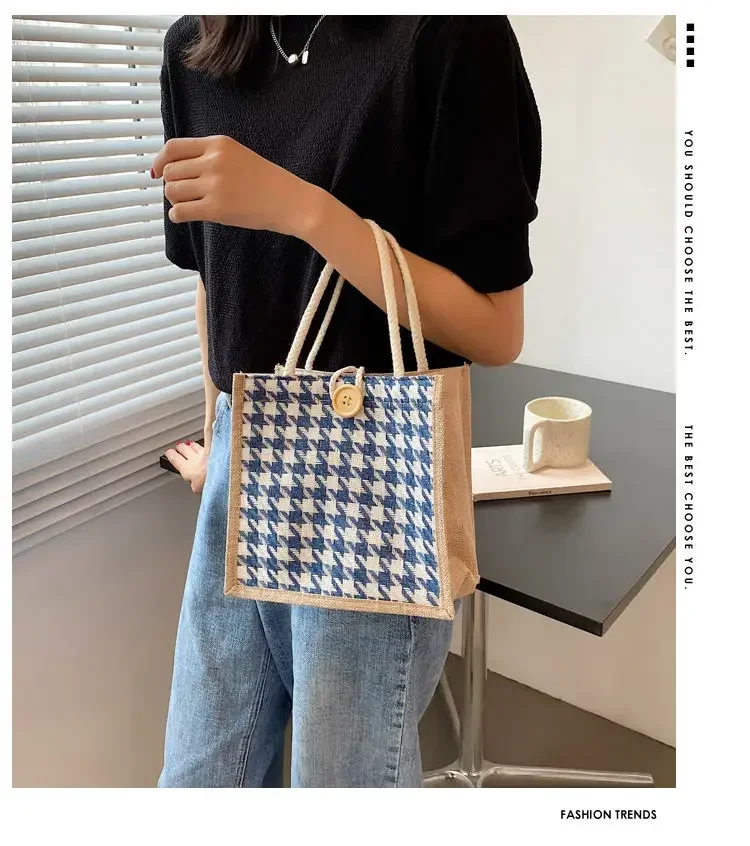 Houndtooth Lunch Bags Mini Tote Bag for Women Mobile Phone Tote Bag Lady Small Linen Casual Handbag Female Portable Shopping Bag