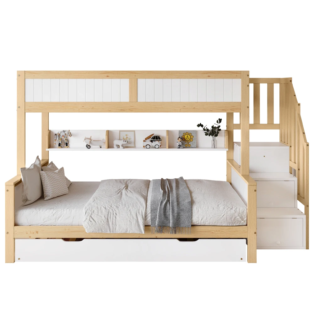 Etagenbett, Babybett, mit Fallschirm, mit Ausziehbett, Kleiderschrank, Ecktreppe, Kiefer+MDF, 90x200&90x190&120*200cm – Detail 10