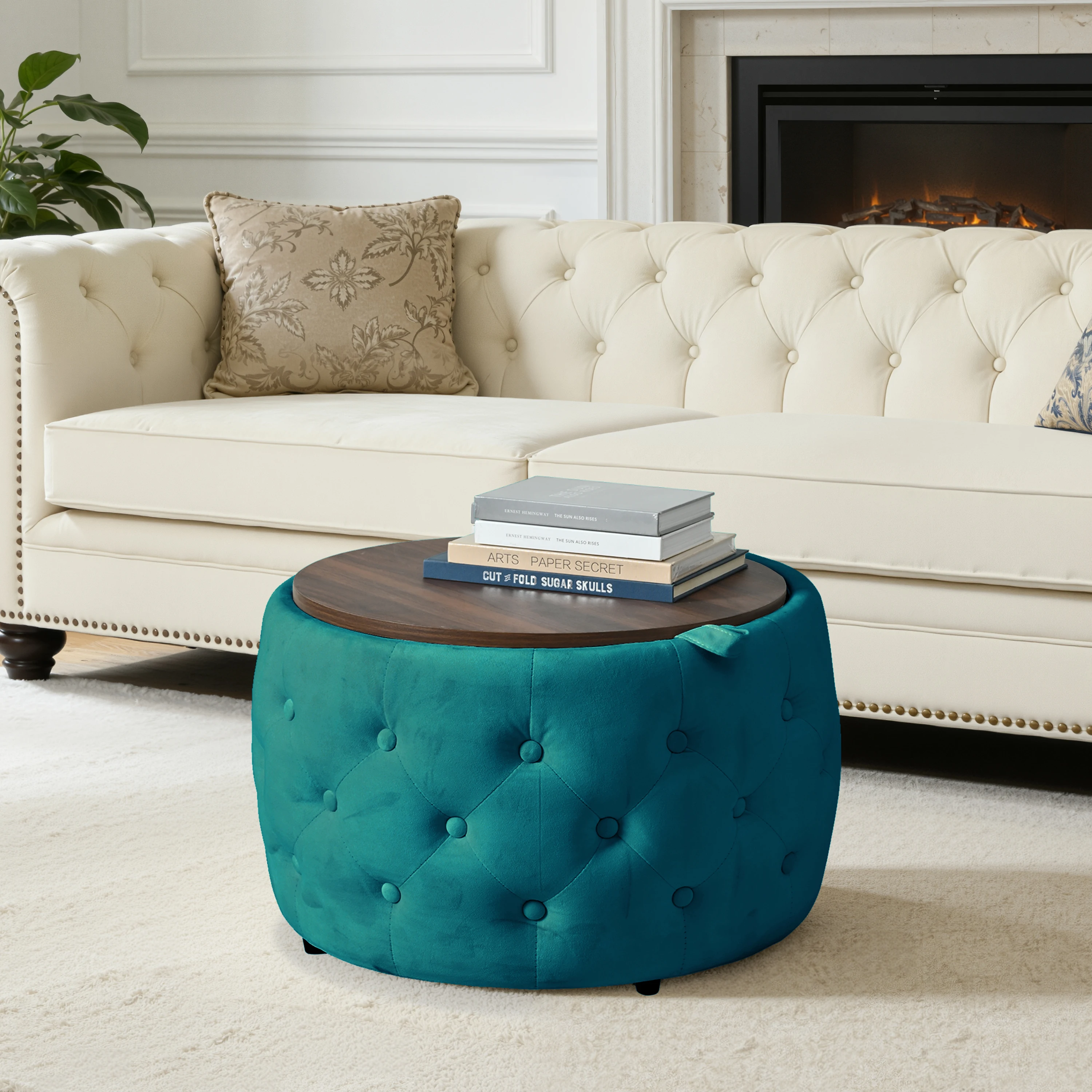 Luxuriöses 2-teiliges Samt-Ottoman-Set mit 4-in-1-Funktionalität, runder Aufbewahrungshocker, blau, keine Montage erforderlich. – Detail 8