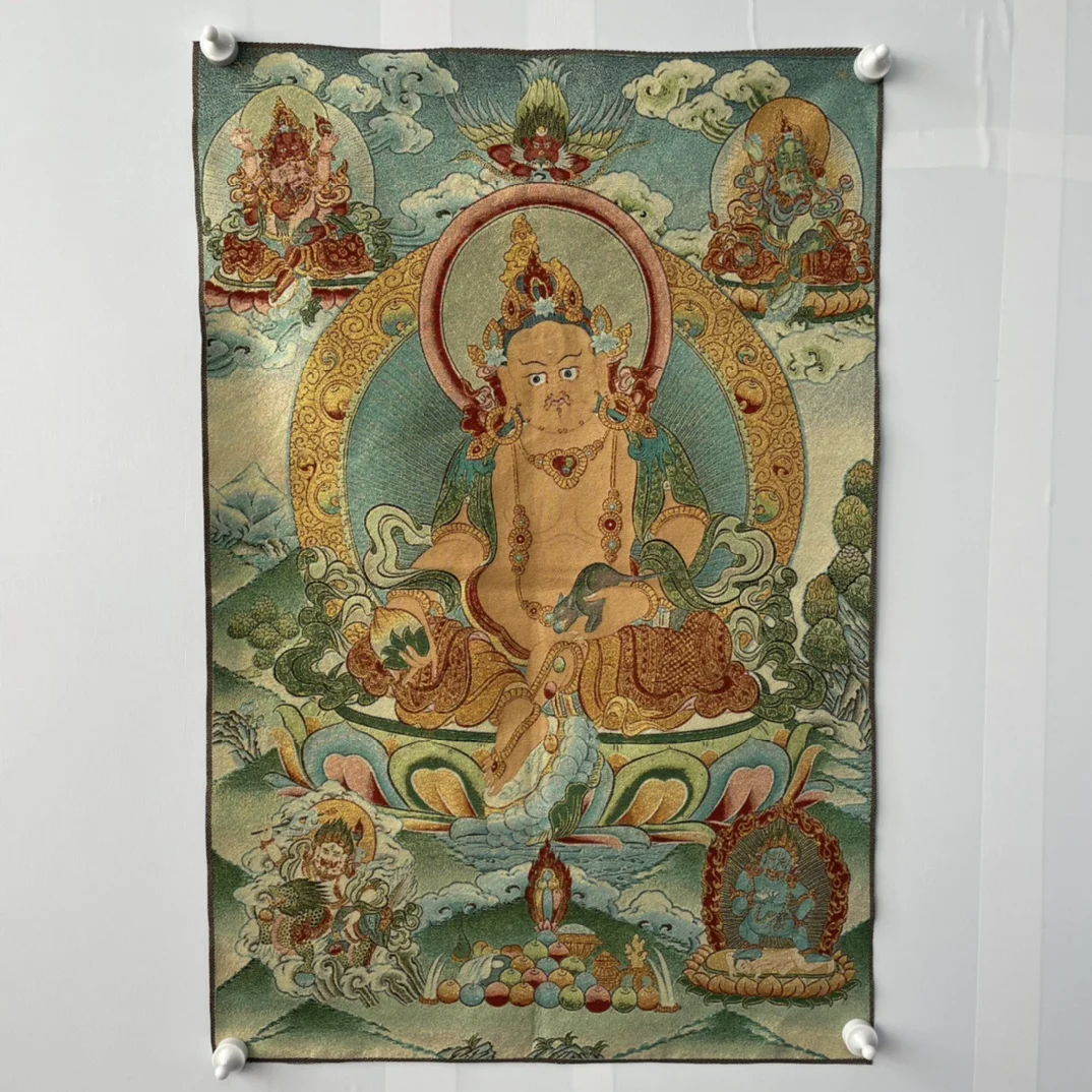 

35"Thangka Embroidery Tibetan Buddhism silk embroidery Yellow Jambhala 5 Buddhas Vajra Buddha Thangka hanging screen Town house