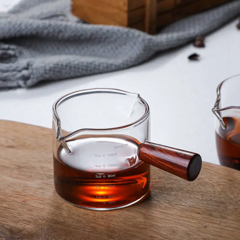 Description Picture 6 of itemWooden Handle Glass Espresso Measuring Cup Double/Single Mouth Milk Jug Coffee Supplies Heat-resisting Clear Kitchen Measure Mug
