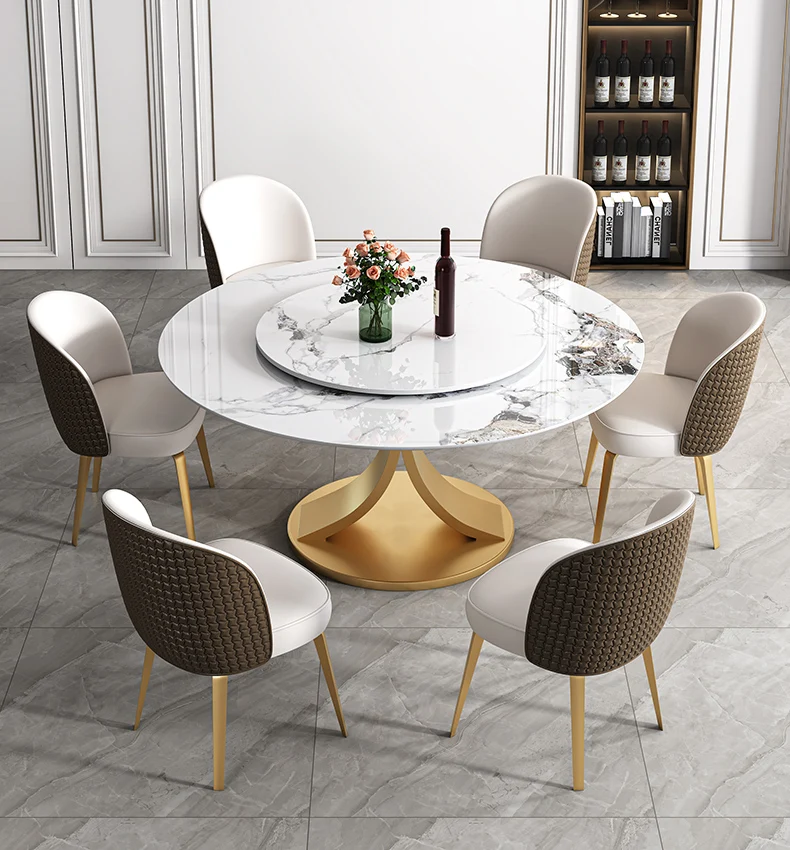 

Light luxury rock plate round table combination modern simple small family round table with turntable round table for 10 people