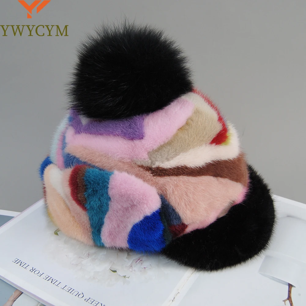 

2023 Ladies Winter Warm Natural Mink Fur Hat Girl Fox Fur Pompoms Bomber Caps New Arrival Women Fashion Colorful Real Fur Hats