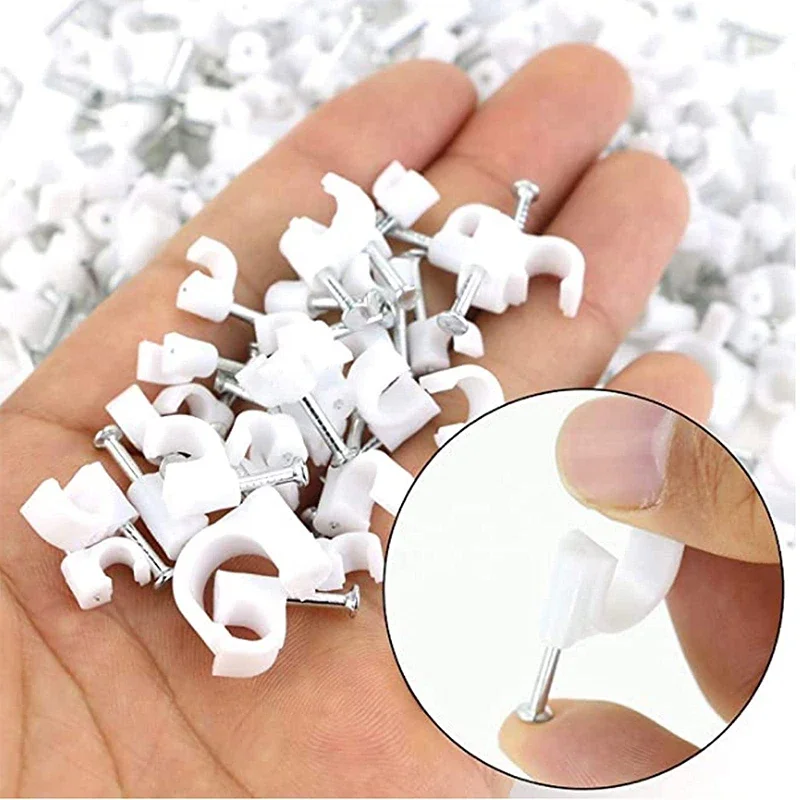 Round Cable Clips 4~16 mm C Shaped Management Nylon Carbon Steel Nails Line Cord Tie Circle Wire Wall Holder 100PCS
