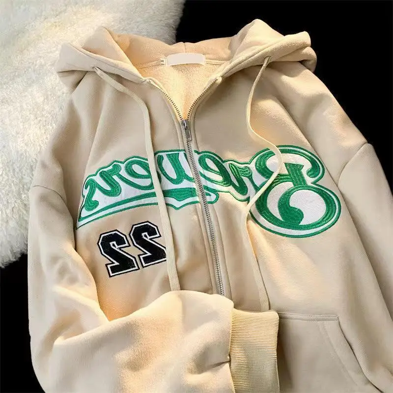 

Letter Print Casual Hooded Sweatshirts Women Vintage Simple Streetwear Coats Female Harajuku Loose Y2K Aesthetic Zip Up Hoodies