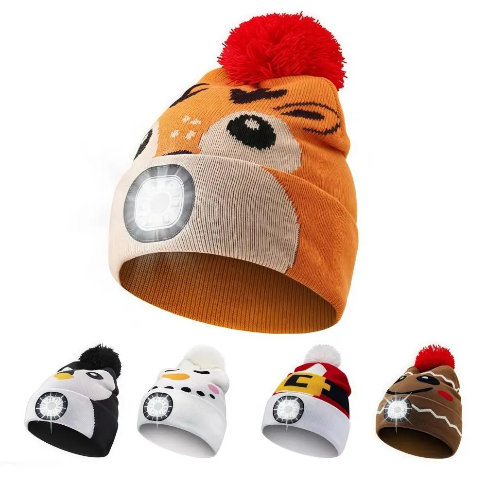 USB Rechargeable LED Light-up Knitted Hat Detachable Winter Warm Headlamp Cap Cartoon Luminescent Design LED Beanie with Light