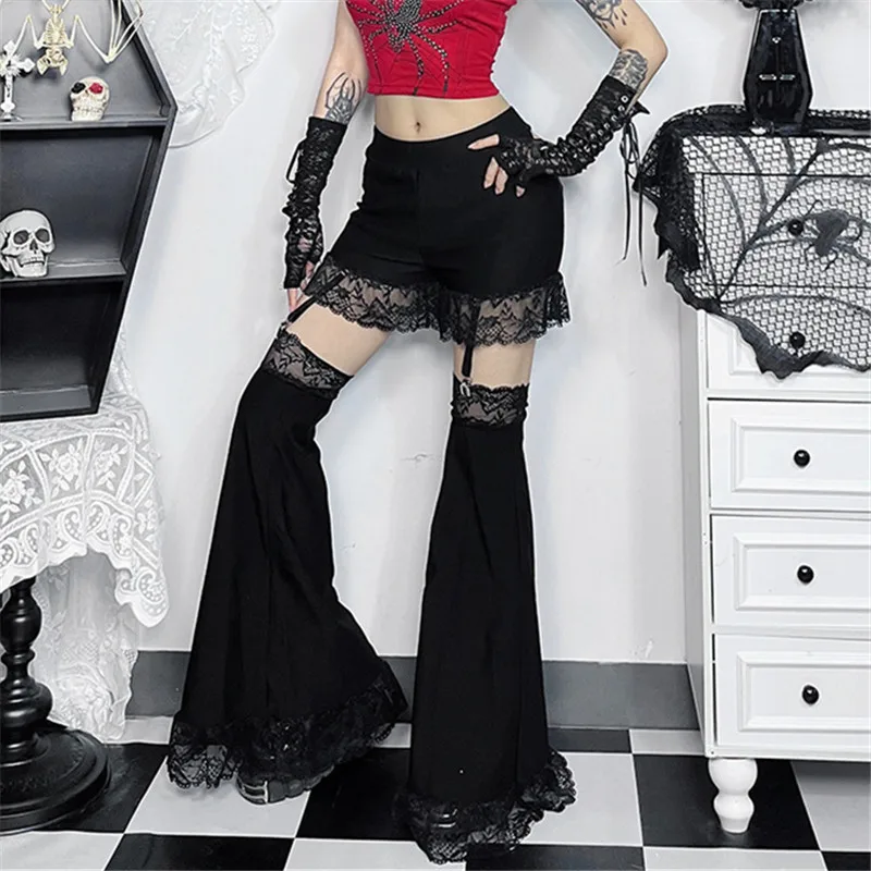 Goth Dark Grunge Bottoms Gothic Lace Spliced High Waist Flare Pants Hot Sexy Hollow Out Pant for Women Streetwear Alt Trousers