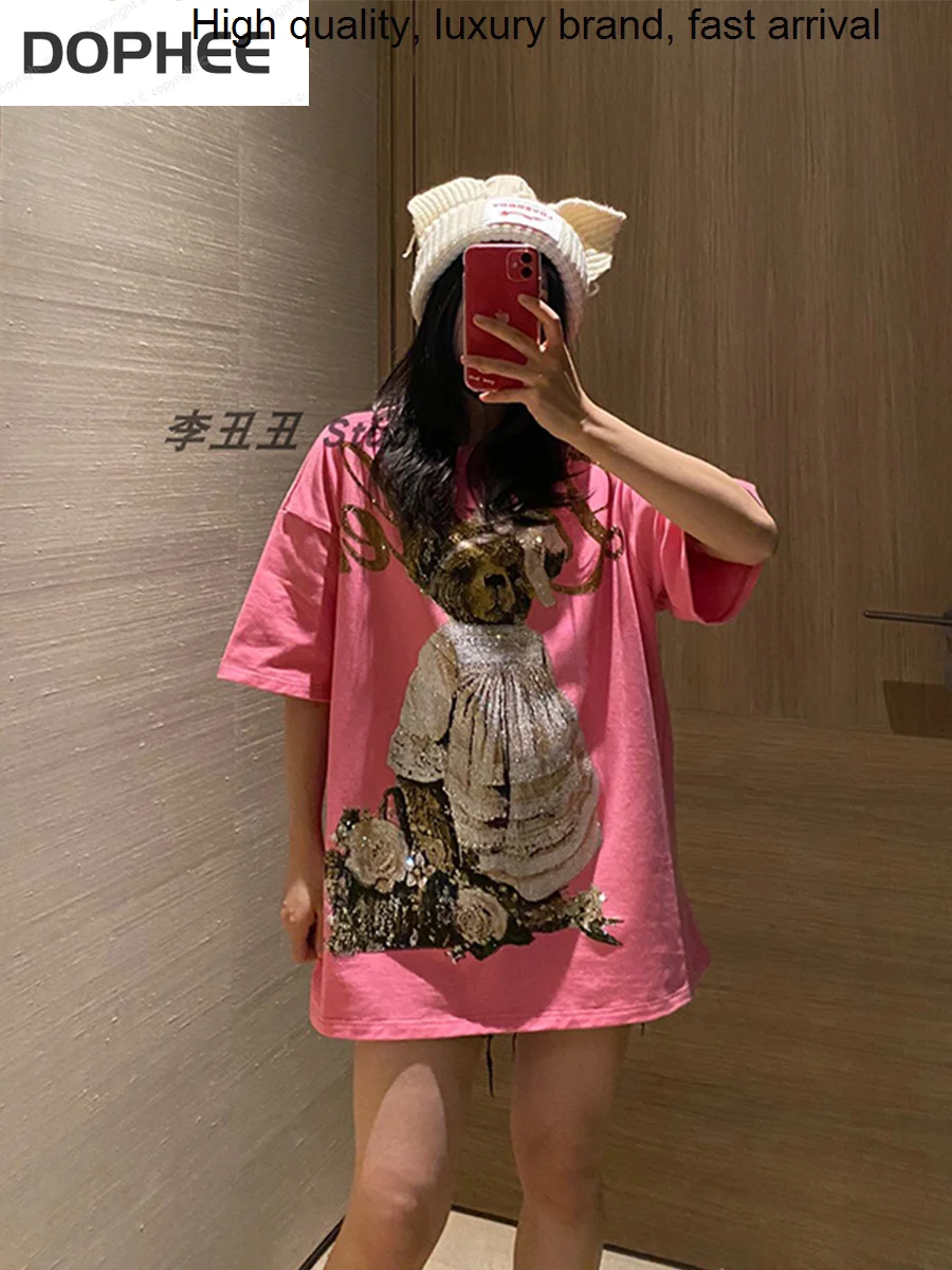 

Blingbling Hot Luxury Drilling Women Tshirt 2023 New Summer Pink Hairband Bear Cute Age Reduction Top Loose Short Sleeve T-shirt