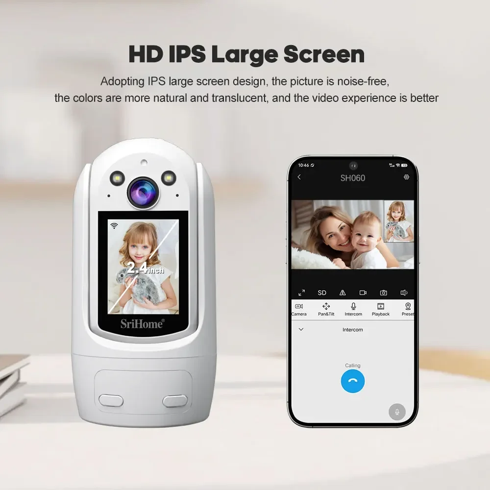 Srihome SH060 PTZ Wifi Camera Video Call with 2.4 Inch IPS Screen Baby Cry Sound Detection Security IP Camera CCTV Baby Monitor 2