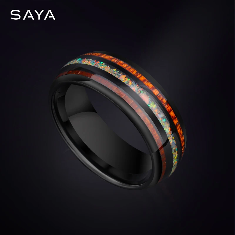 Quality Tungsten Ring For Men Personalized Fashion Elegant Natural Rainbow Opal and Wood Jewelry Gift,Customized Free Shipping solid wood zebra wood bracelet necklace earrings personalized custom name jewelry pendant gift proposal ring display box