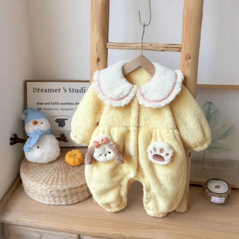 2025 Winter New in Kids Baby Girls Thicken Plush Warm Outfits ,toddler Infant Peter-pan Collar Jumpsuits Newborn Romper 0-24M