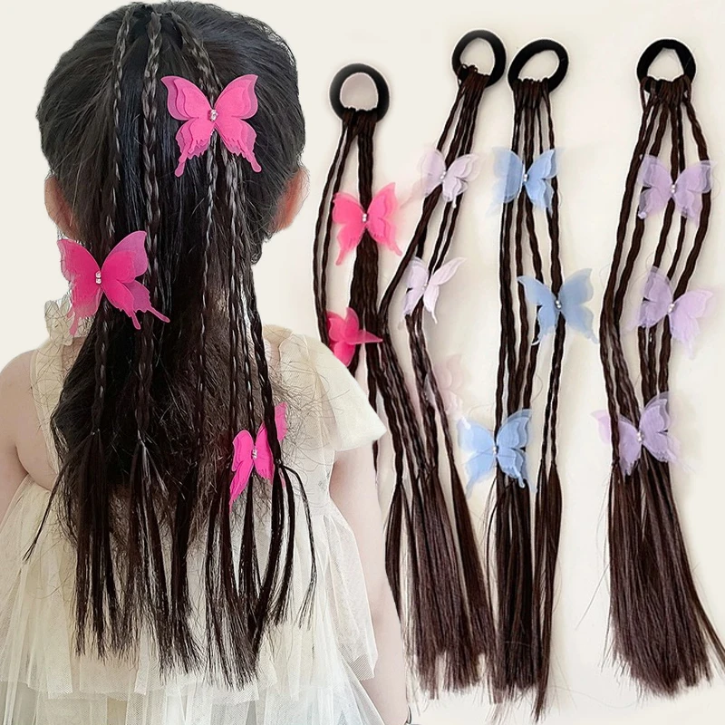 

Children's Butterfly Dough Twists Braid Hair Loop Colorful Wig Fried Ponytail Holder Girls Braided Wig Hair Tie Piece Ornament