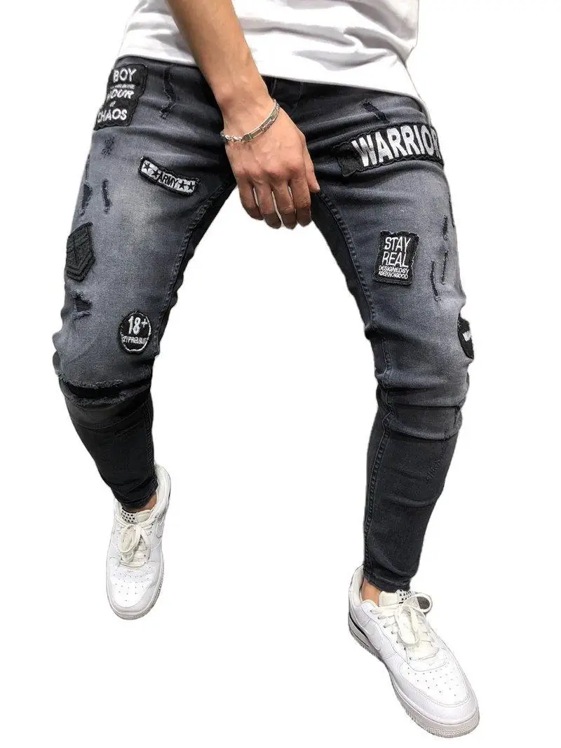 

818 Denim Pants New Men's Skinny Jeans with Black Hole Badge Patch Jeans