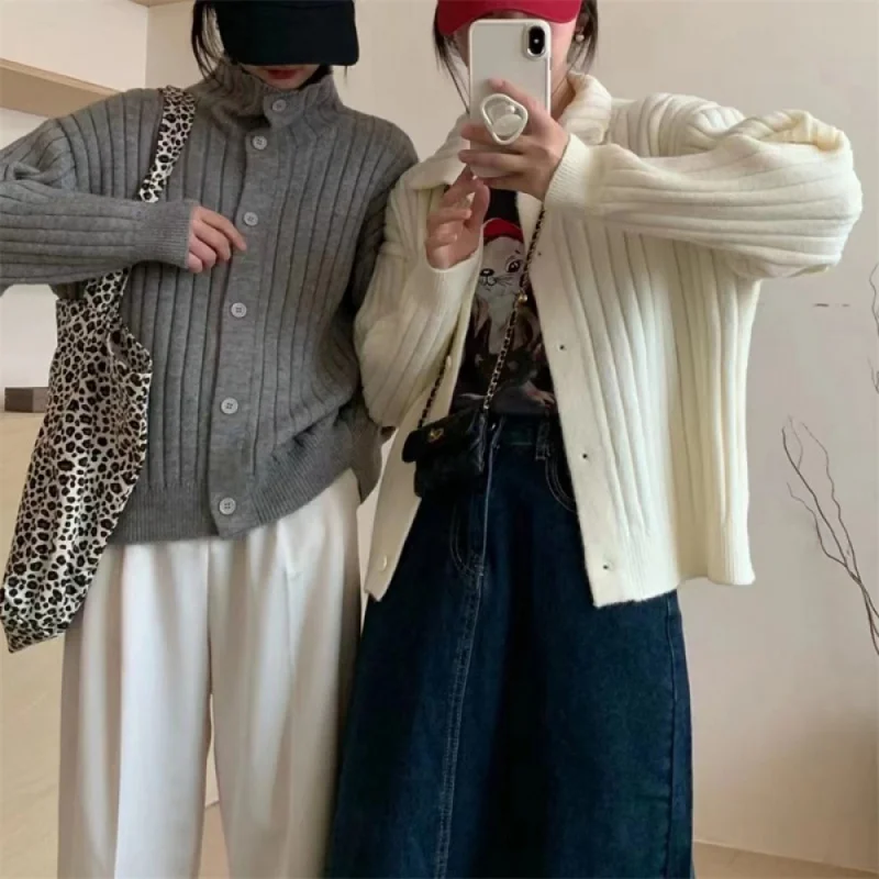 

23 New modelsVertical Single-Breasted Turtleneck Knitting Cardigan Women's 2023 Autumn and Winter French Loose and Lazy Style So
