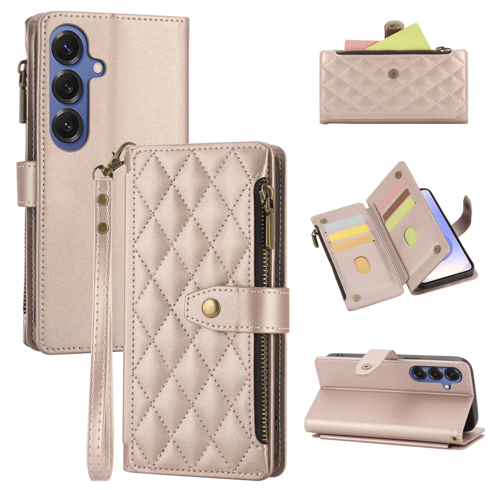 Deluxe Wallet-Style Phone Case with Card Slots, Zipper Coin Pocket, and Wrist Strap in Faux Leather