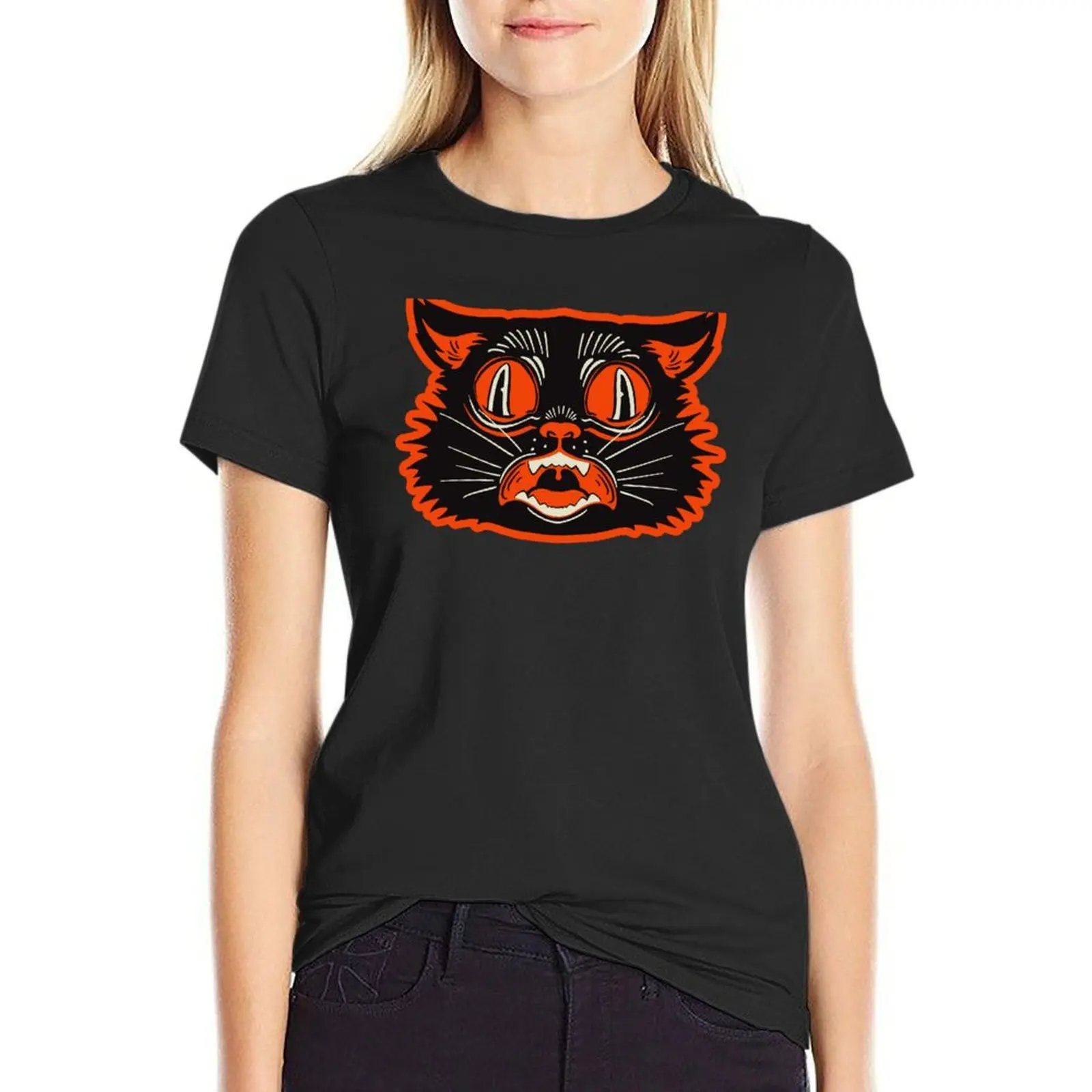Retro Vintage Halloween Black Cat T-Shirt Per Il Viso Che Agita Vestiti Estetici Grafica Abbigliamento Di Design Di Lusso Donna