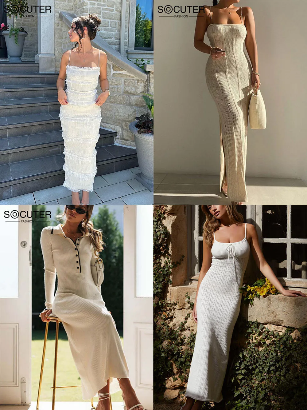 

Women Pleated Spaghetti Strap Party Dresses Ruffle Trim Bodycon Maxi Dress