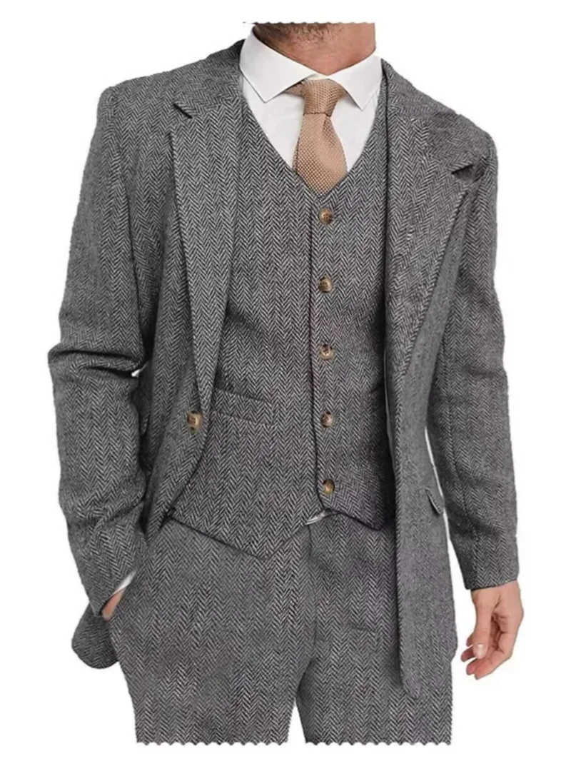 3 PiecesMen  Brown Herringbone Suit Formal Business Tweed Groom Tuxedo for Men Business/Wedding Men's Suit Jacket Vest Pants Set 2