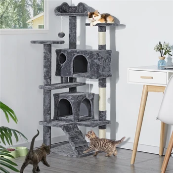 Árbol para gatos Torre para gatos de 54 pulgadas con 2 condón, 2 bolas colgantes y 3 postes rascadores Casa grande para gatos para gatitos y gatos Fácil de limpiar 1