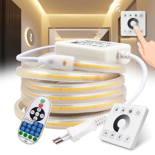 조광 가능한 COB LED 스트립 조명 벽 터치 스위치, 23 키 원격 220V 110V 전원 키트, 288LED 플렉스 리본 고밀도 선형 조명