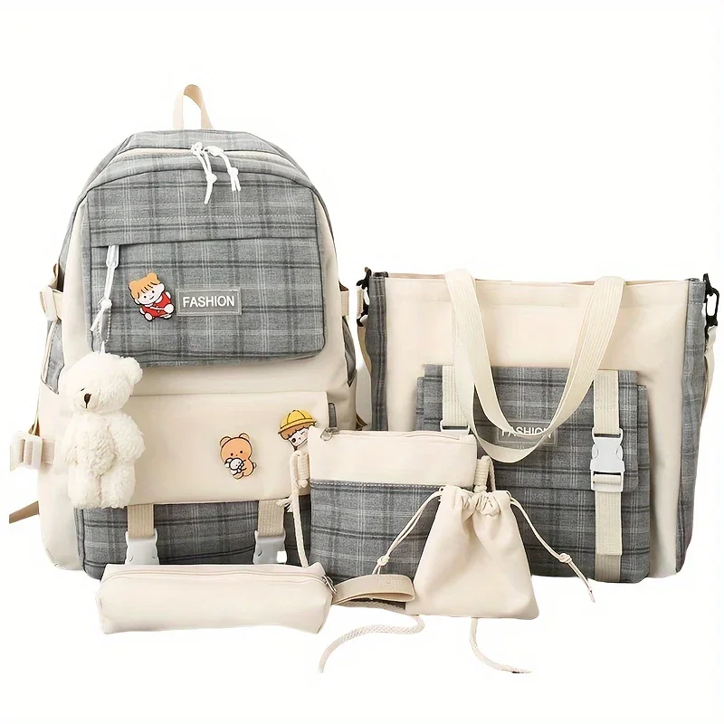 Cute Plaid Cartoon Canvas Five-Piece School Bag, Large Capacity Casual Simple Backpack, Women's Travel Bag Cosmetic Bag, for Girls And Women, Adaptable Stationery Bag, Women's Wallet, Women's Crossbody Bag, Women's Hand Bag (No Bear Pendant) 2