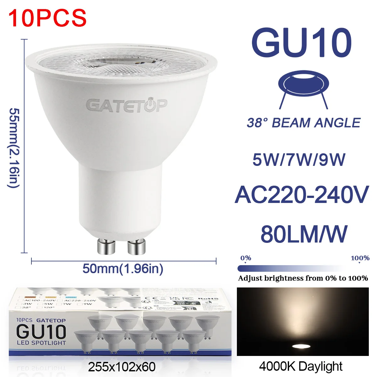10-Pack LED GU10 Spotlight Bulbs - Energy-Efficient Lighting for Home and Commercial Use