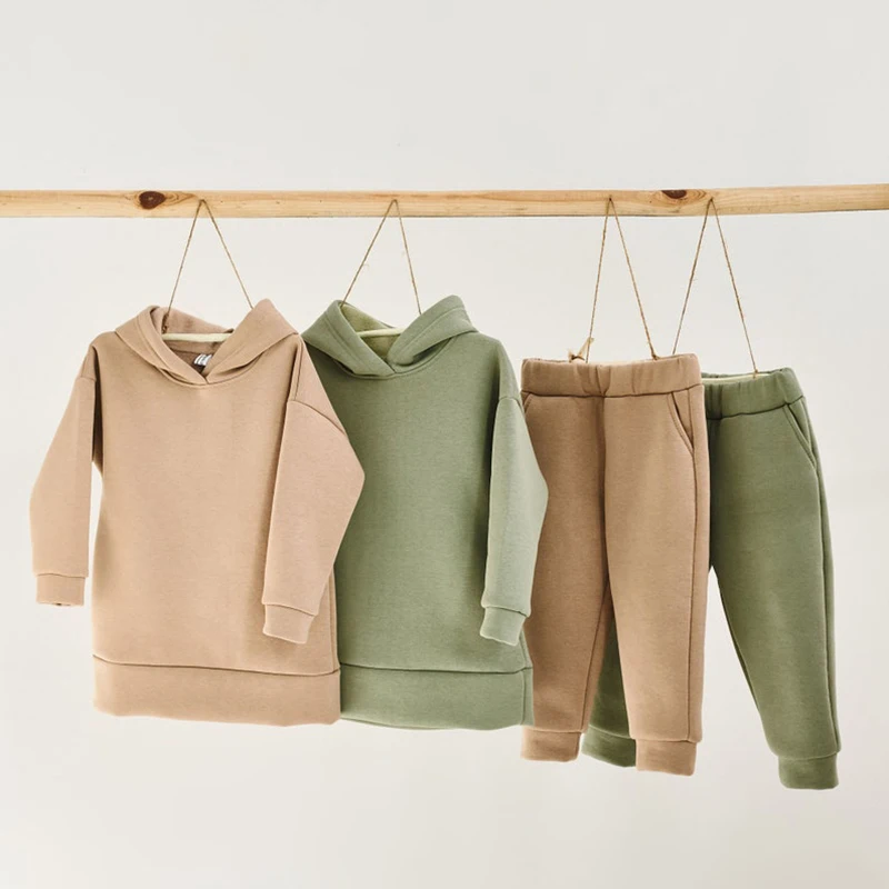 Two-piece Kids Clothes Boys Girls Hooded Sweater Babies Solid Color Pile Thickened Tracksuit Autumn Baby Clothes Korea