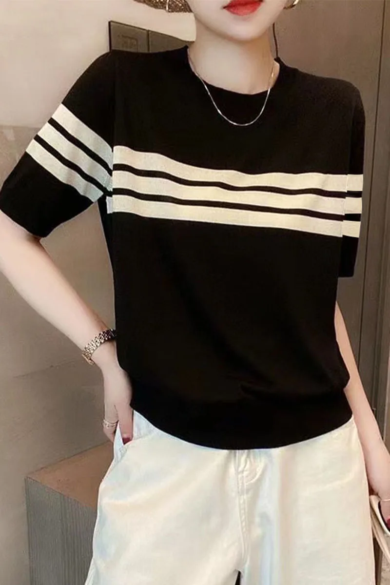 

Summer new ice silk fabric knitted sweater with short sleeved striped color blocking design, comfortable women's top T-shirt