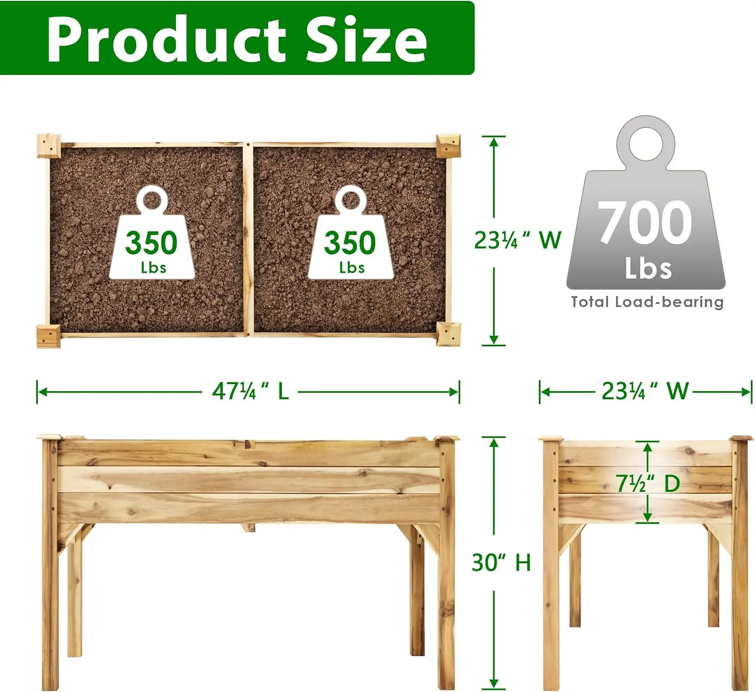 Acacia Wood Raised Garden Bed with Legs (48"x24"x30") 3