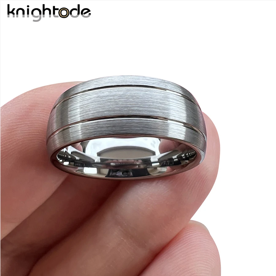 Original Color 8mm Tungsten Carbide Engagement Rings Men Women Wedding Band Double Groove Dome Brushed Comfort Fit Size 5-15
