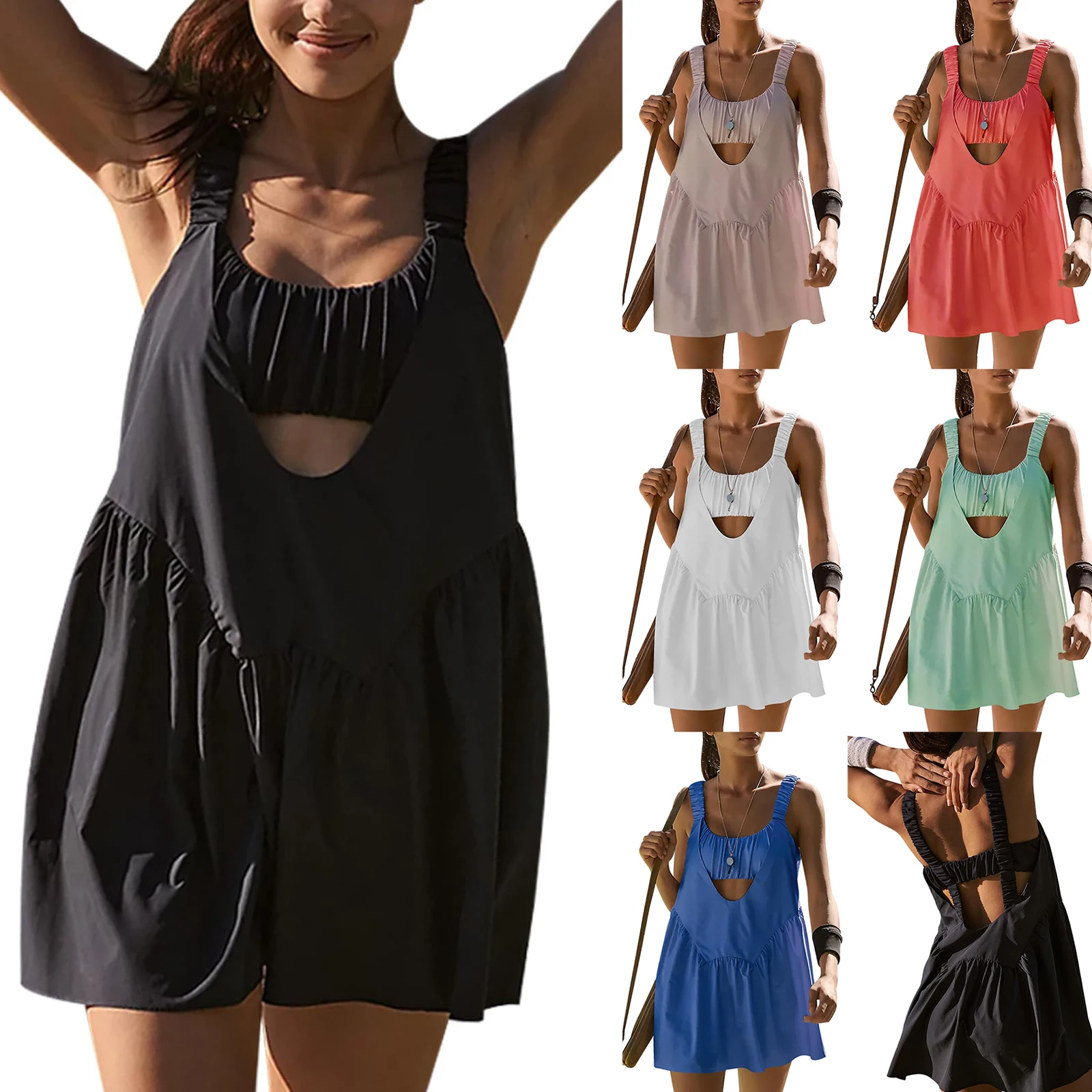 Women Tennis Workout Mini Dress with Built in Bra and Shorts Set Summer Cut Out Sleeveless Athletic Golf Dress