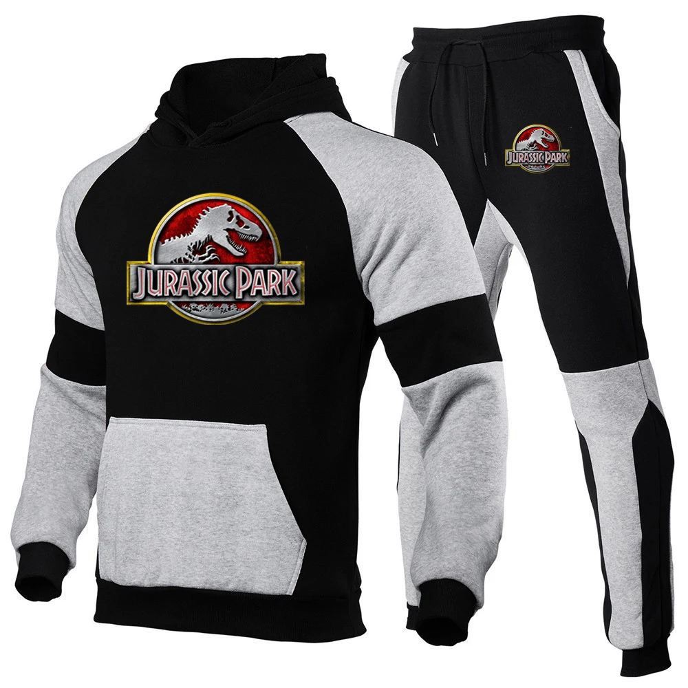 2024 Spring Autumn Jurassic Park Logo Printed Sports Hoodies Splicing Set Men's Fashion Hooded Tracksuit+Joggers Sweatpants Suit 4