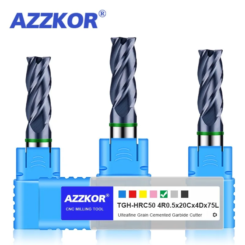 AZZKOR TGH-HRC50 텅스텐 스틸 카바이드 밀링 커터, 4F 컬러 링 코팅, CNC 기계식 라운드 노즈 엔드밀 도구