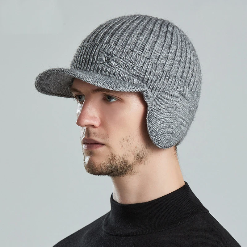 K268 Outdoor Woolen Cap Korean Version Men's Pullover Cap Warm and Thickened Duck Tongue Knitted ear Protection Baseball Hat 2
