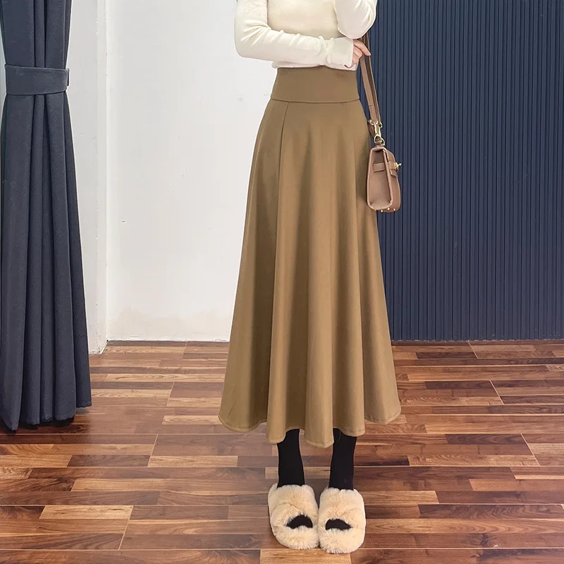 

Women French Style Midi Skirt High Waist A line Umbrella Skirt Woolen Autumn Winter Dress Suit Pleated Skirts