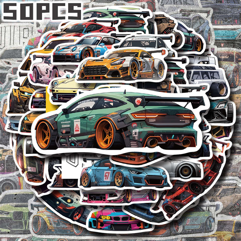 50pcs cool modified cars themed stickers for holiday party decor Back to school Class reward Birthday gift skateboard luggage