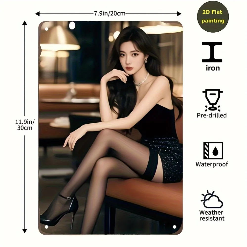 검은색 스포츠 브라와 반바지를 입은 금발 피트니스 여성이 체육관에서 운동하는 빈티지 양철 간판 - 가정, 사무실용 내구성 있는 금속 장식 벽걸이