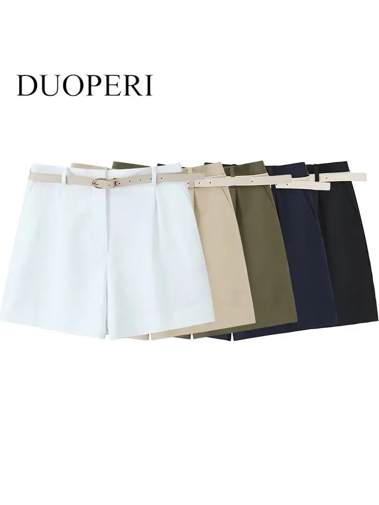 

DUOPERI Women Fashion With Belt Solid Front Zipper Mini Shorts Vintage High Waist Female Chic Lady Shorts