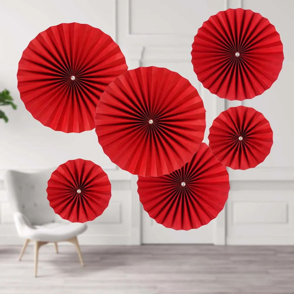 

6pcs/pack Chinese Style Red Wedding Fan Flower Hanging Paper Crafts Bedroom Living Room Wall Decor Xizi Fan DIY Party Supplies