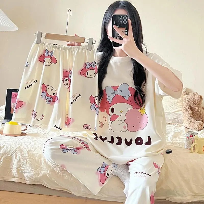 

Милые летние пижамы My Melody Sanrioed, милые мягкие домашние пижамы из 3 предметов с мультяшными героями, домашняя одежда аниме, ночная рубашка с коротким рукавом для девочек