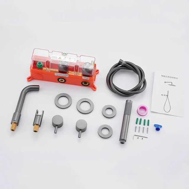 ก๊อกน้ำอ่างอาบน้ำแบบติดผนัง Farrete สีเทาปืน ผลิตจากทองแดงทั้งชิ้น พร้อมชุดฝักบัวน้ำร้อนน้ำเย็นแบบฝังในตัว สีทองขัดเงาสำหรับห้องน้ำ 5