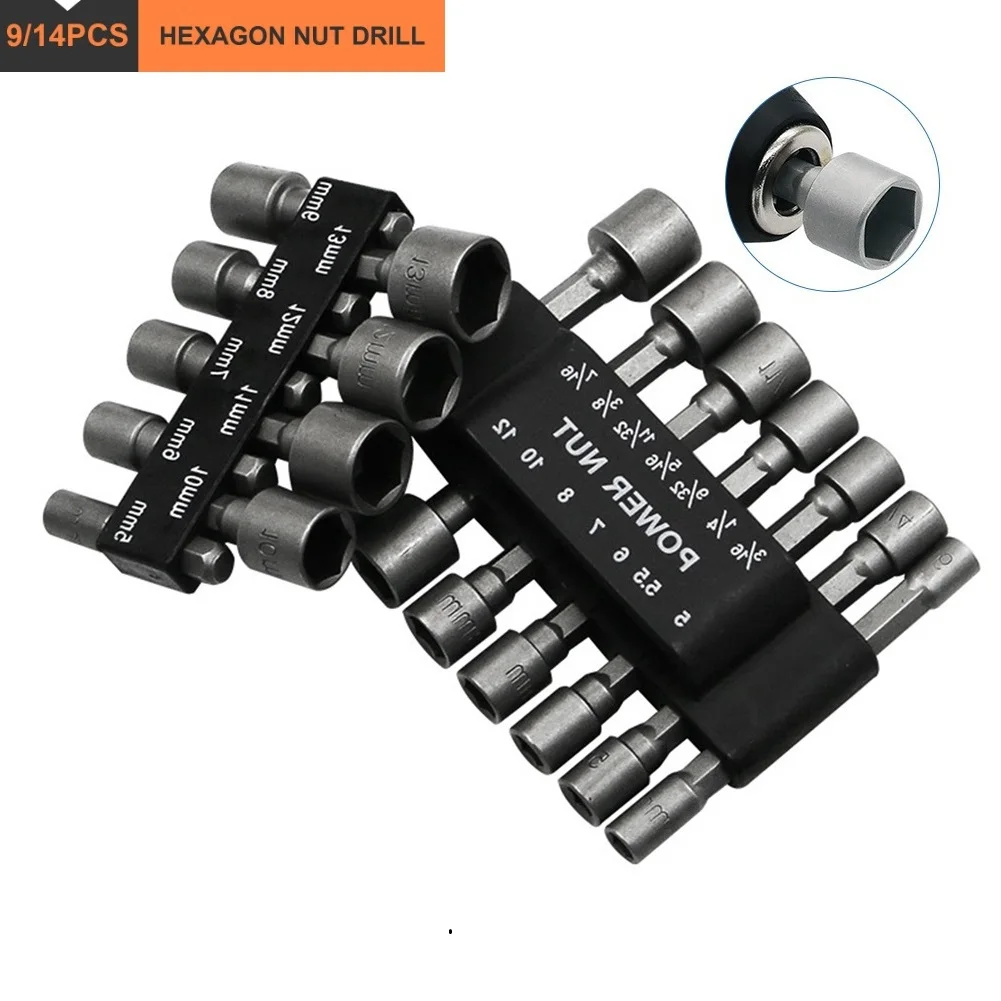 

9/14Pcs 5-12mm Hex Socket Screw Sleeve Nozzles Nut 1/4in Hexagonal Nut Driver Drill Adapter Screwdriver Set Bits Sets Tools