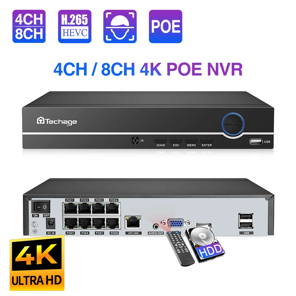 Techage H.265 8ch 5mp/4mp/3mp/1080P Poe Nvr Cctv Security Surveillance Systeem Voor Poe Ip Camera Monitoring Camera Nvr Ingang