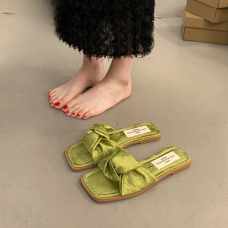 New Women's Summer Square Toe French Flat Bottom External Wearing Slippers Luxury Slip on  Shoes Casual Ladies Sandals