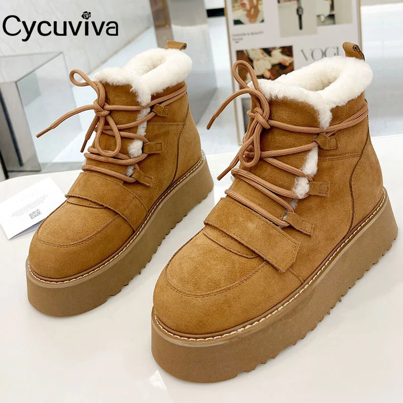 

Winter Platform Wool Women's Shoes Thick Sole Flat Short Boots Lace Up Fur Shoes Ladies Luxury Warm Ankle Snow Boots Women