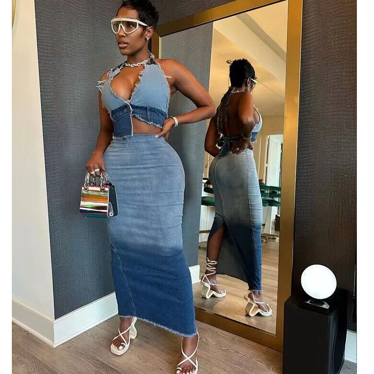 

Wishyear Denim Skirt and Top Co Ord Bodycon Dress Jeans Two Piece Suit for Women Outfits Sexy Birthday Club Night Matching Sets