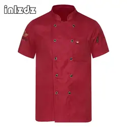 Mems Womens Embroidery Short Sleeve Chef Coat Jacket Stand Collar Double-Breasted Kitchen Cook Uniform with Pockets