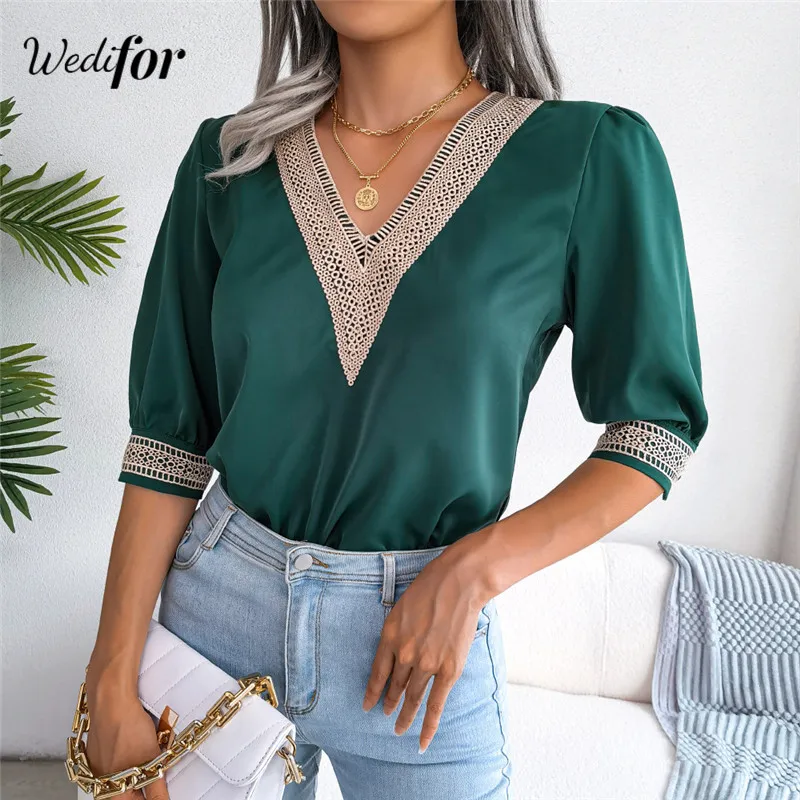

Wedifor Half Sleeve Casual Blouse Shirt Women Lace Patchwork V Neck Elegant Summer Top Green Black Ladies Clothes Wholesale