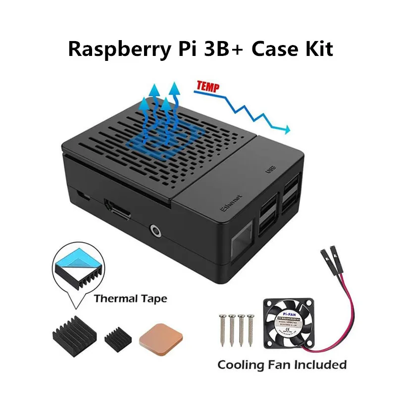 

Защитный комплект для Raspberry Pi 3B 3B + 4B чехол с охлаждающим вентилятором, алюминиевые радиаторы, черный корпус коробки для Raspberry Pi чехол